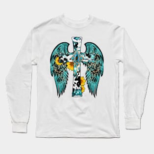 Cross With Turquoise Jewel And With Blue Wings Long Sleeve T-Shirt